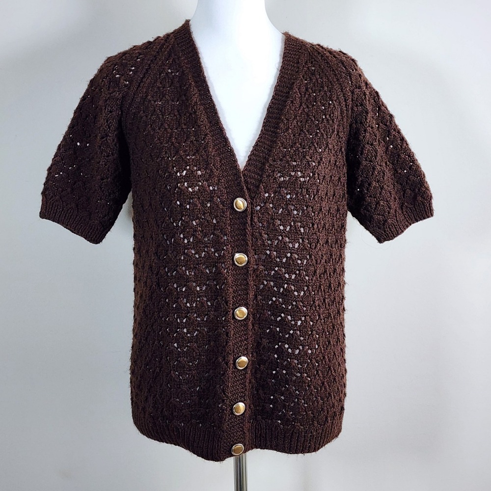 Crochet Knit Cardigan Womens Medium Brown Earth Tones Neutral Earthy Forest Elf